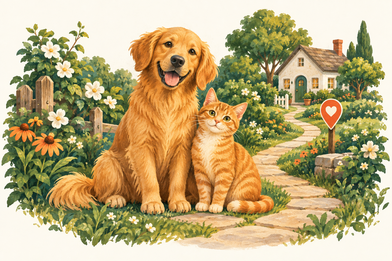 Illustration of a golden dog and orange cat beside a garden path leading home, marked with a heart-shaped map pin.