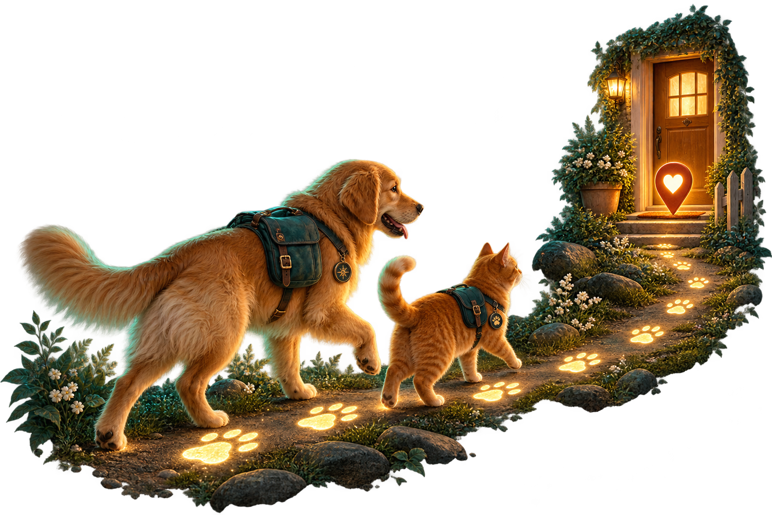 A golden dog and orange cat following a glowing trail of pawprints toward a welcoming front door and heart-shaped location pin.